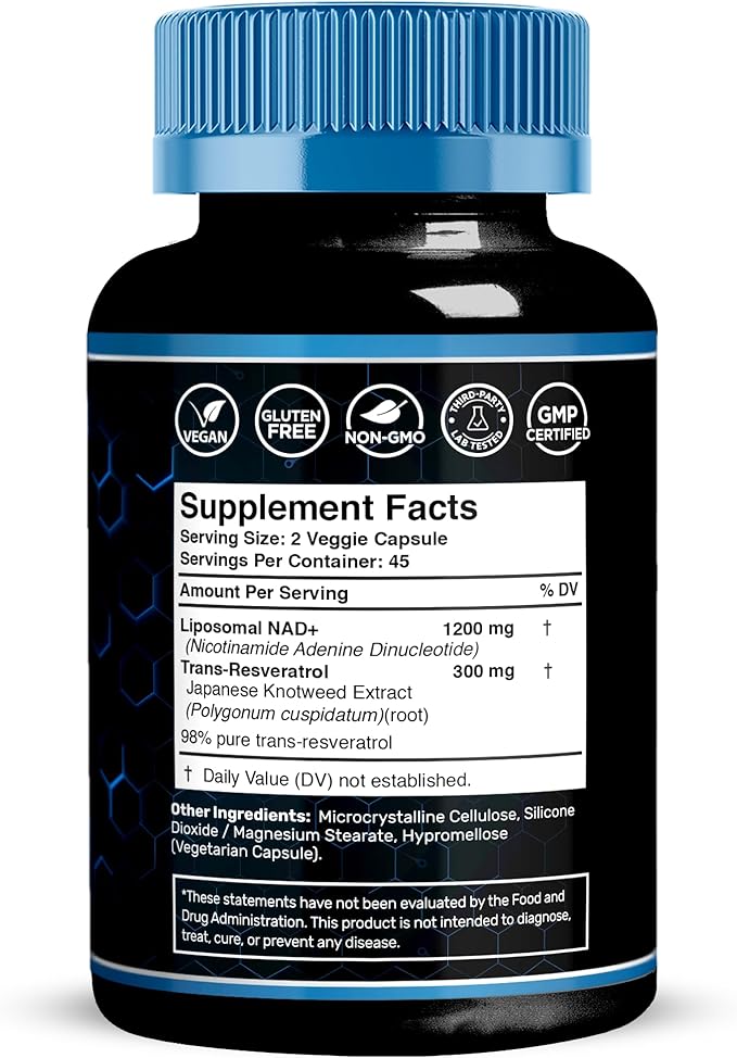 WELLNESS LABSRX Liposomal NAD Supplement 1500mg - USA Made NAD Resveratrol Supplement for Women and Men NAD+ Support Cellular Health Energy &amp Anti Aging - 90 Count