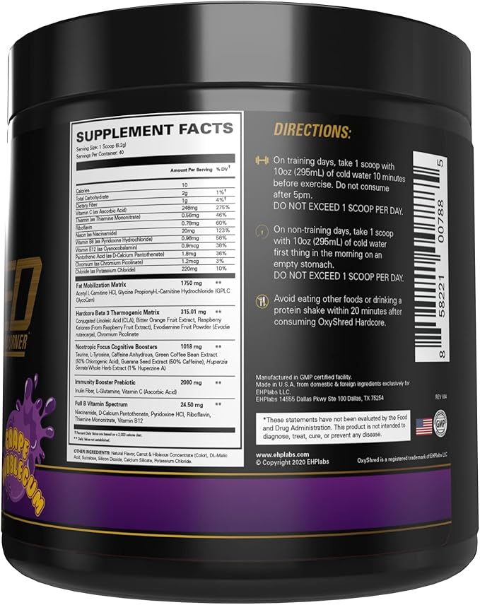 EHP Labs OxyShred Hardcore Super Dosed Pre Workout Powder - Preworkout Powder with L Glutamine &amp Acetyl L Carnitine Energy Boost Drink - 275mg of Caffeine - Grape Bubblegum 40 Servings