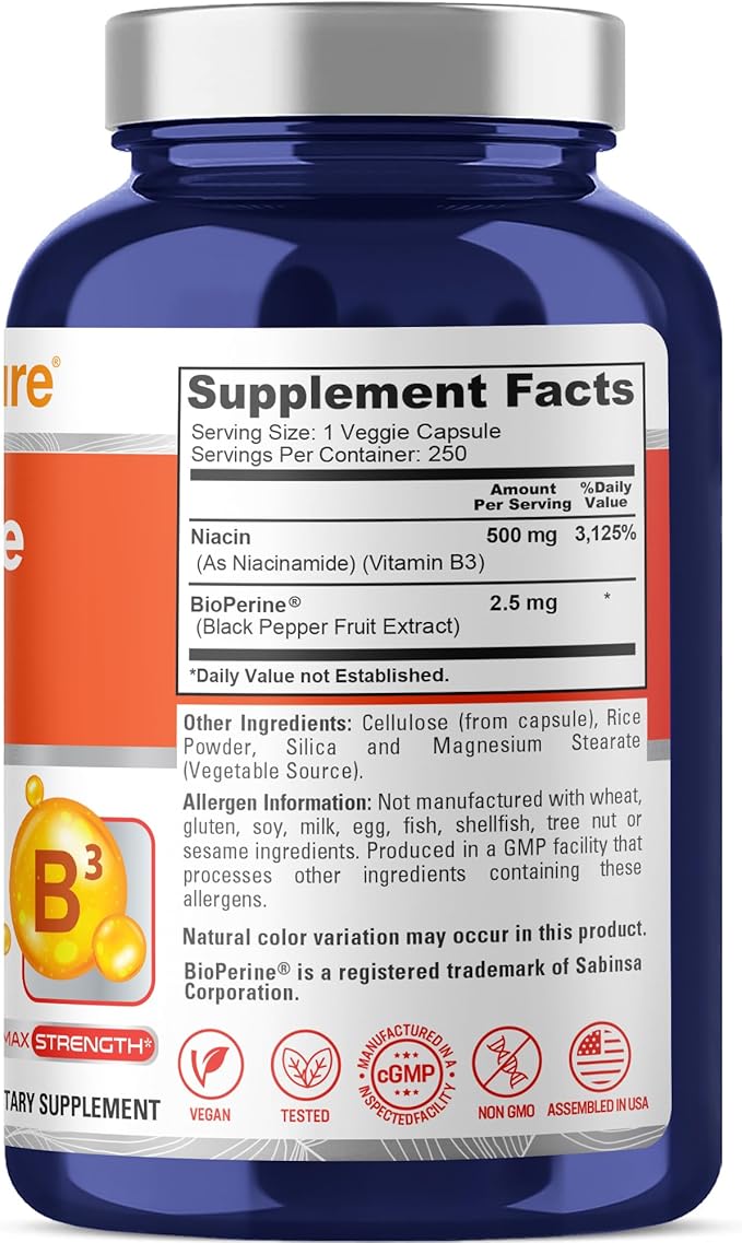 NusaPure Flush Free Niacin - Suitable for Vegetarian/Vegan Non - GMO - 500 mg - 250 Capsules