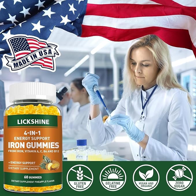 lickshine 2 Pack Vegan 100MG Iron Supplement Gummies for Women &amp Men - with Vitamin C A B for Adults &amp Kids - Energy Support for Iron Deficiency Anemia - Pineapple Flavor (120 Ct)