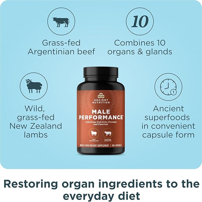 Ancient Nutrition Organ Supplements for Men Grass-Fed and Wild Organ Complex Capsules Liver Prostate Pancreas Supports Male Performance Healthy Aging 180 Ct