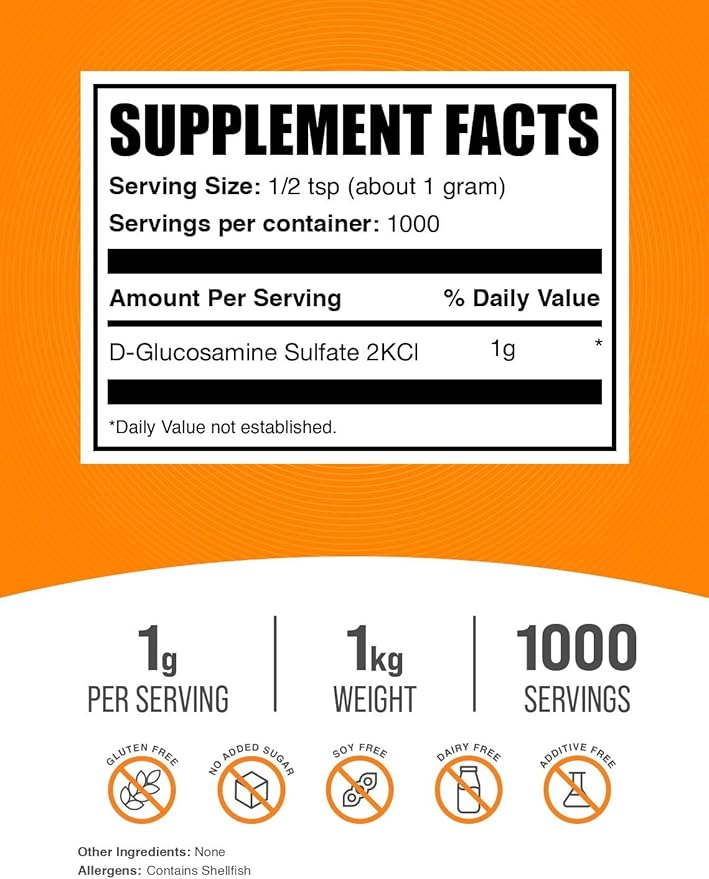 BulkSupplements.com Glucosamine Sulfate Powder - Glucosamine Supplement Joint Support Supplement - Gluten Free 1g per Serving 1kg (2.2 lbs) (Pack of 1)