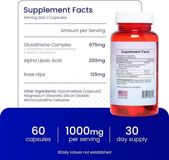 Relumins Advanced Patented Tri-Form Glutathione Complex 1000 mg — Fast-Absorb L-Glutathione S-Acetyl &amp Liposomal + Alpha-Lipoic Acid &amp Rose Hips - Made in USA