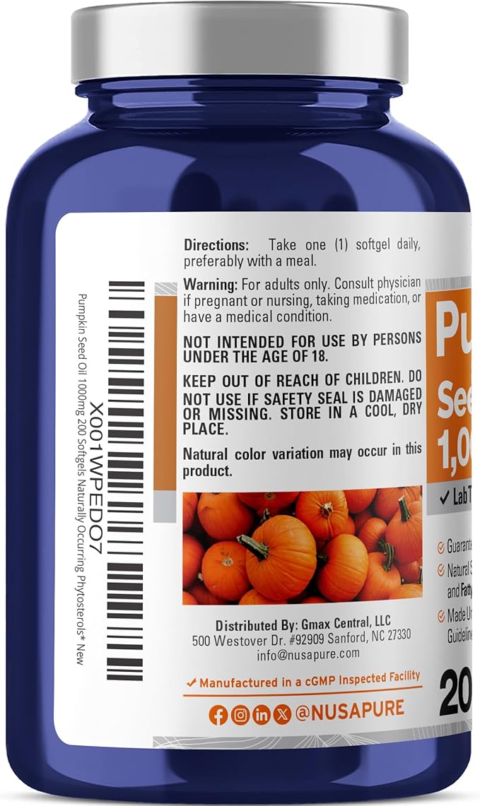 NusaPure Pumpkin Seed Oil 1000mg 200 Softgel Capsules (Non-GMO Soyfree) Naturally Occurring Phytosterols