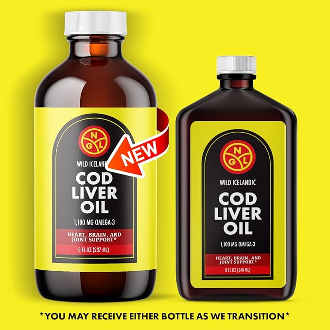 NGL Pure Cod Liver Oil - Wild Icelandic - 1100 mg Omega-3 + Natural Vitamin A &amp D - Heart and Brain Health Joint Support 8 Fl Oz
