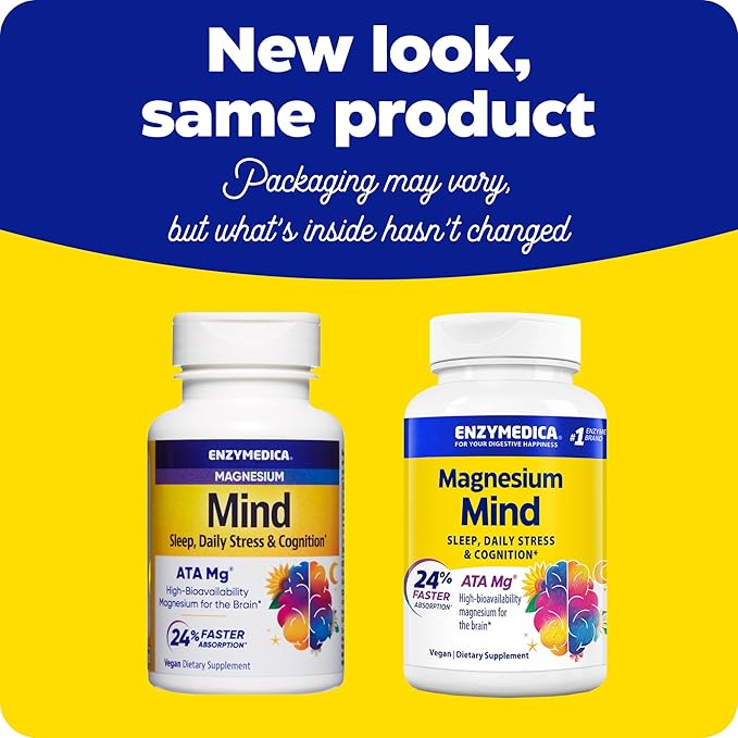 Enzymedica Magnesium Mind Supplement for Women &amp Men - Sleep Stress &amp Cognition Support ATA Mg 24% Faster Absorption High Bioavailability Magnesium Capsules for Brain Vegan Gluten Free -
