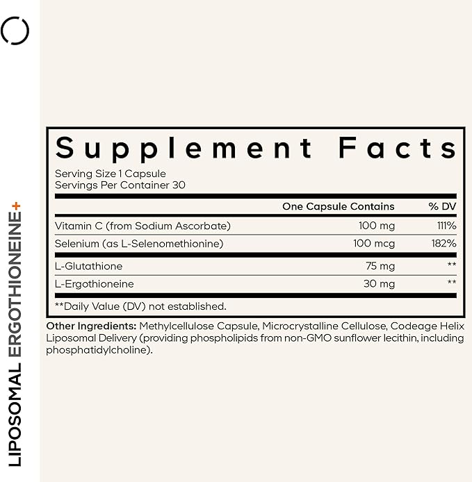 Codeage Liposomal Ergothioneine+ Supplement - L-Ergothioneine L-Glutathione Vitamin C Selenium Phospholipid Complex - Healthy Aging &amp Antioxidant - Vegan Non-GMO Soy-Free – 30 Capsules