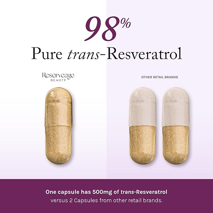 Reserveage Beauty Resveratrol 500 mg with Pterostilbene Antioxidant Supplement for Immune Support &amp Heart Health Supports Healthy Aging Paleo Keto 60 Capsules (60 Servings)