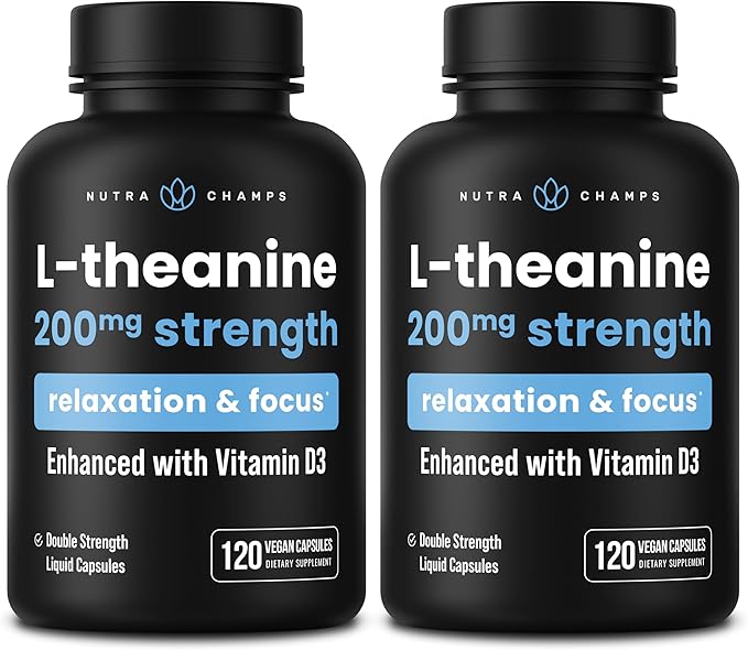 NutraChamps L-Theanine 200mg Capsules Double-Strength L-Theanine Liquid with Vitamin D3 Organic Coconut Oil 120 Vegan Capsules (Pack of 2)