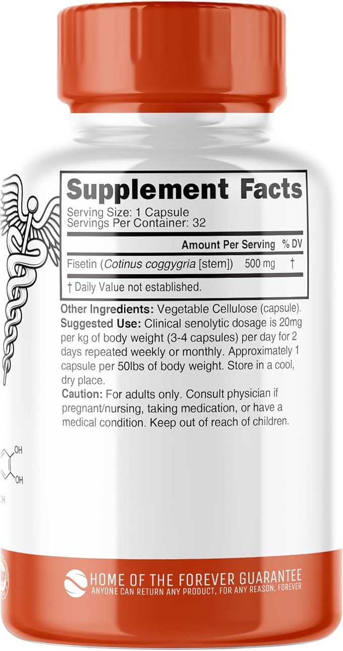 Nutri Fisetin 500mg 32 Count - Clinical Dosage - Fisetin Supplements - Powerful Senolytic Activator Antioxidant Heart Support - Natural Polyphenols - Capsules - 3rd Party Tested - GMP Certified