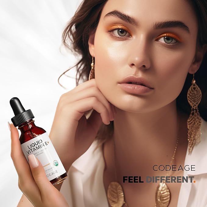 Codeage Liquid Vitamin E+ - USDA-Certified Organic Vitamin E - 2-Month Supply - D-Alpha Tocopherol Acetate Organic MCT Oil Orange Fruit Oil Unflavored Non-GMO Vegan Gluten-Free 2 fl oz