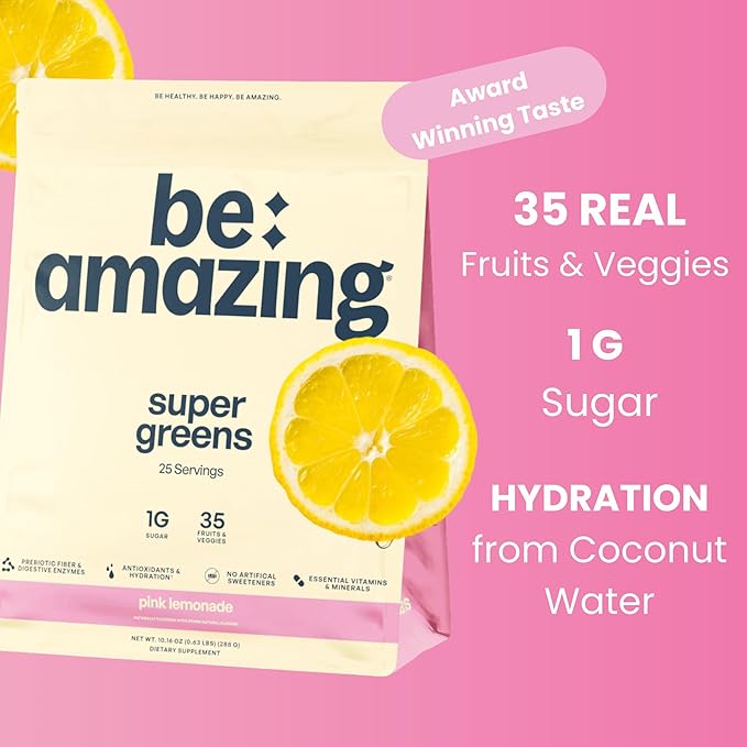 BE AMAZING Super Greens Powder with Prebiotics Digestive Enzymes &amp Antioxidants 35 Fruits &amp Veggies Electrolytes &amp Fiber Vegan Gluten Free Juice &amp Smoothie Mix Pink Lemonade 25