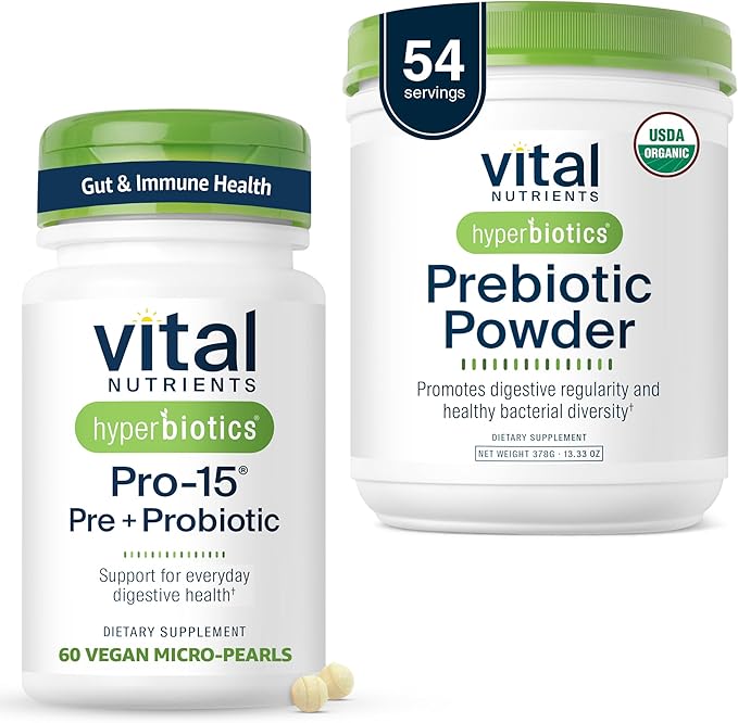 Hyperbiotics Vital Nutrients Gut Support Bundle – Pro-15 Prebiotics + Probiotics (60 Time Release Pearls) &amp Organic Prebiotic Fiber Powder (54 Servings) for Gut Digestive &amp Immune Health Sup