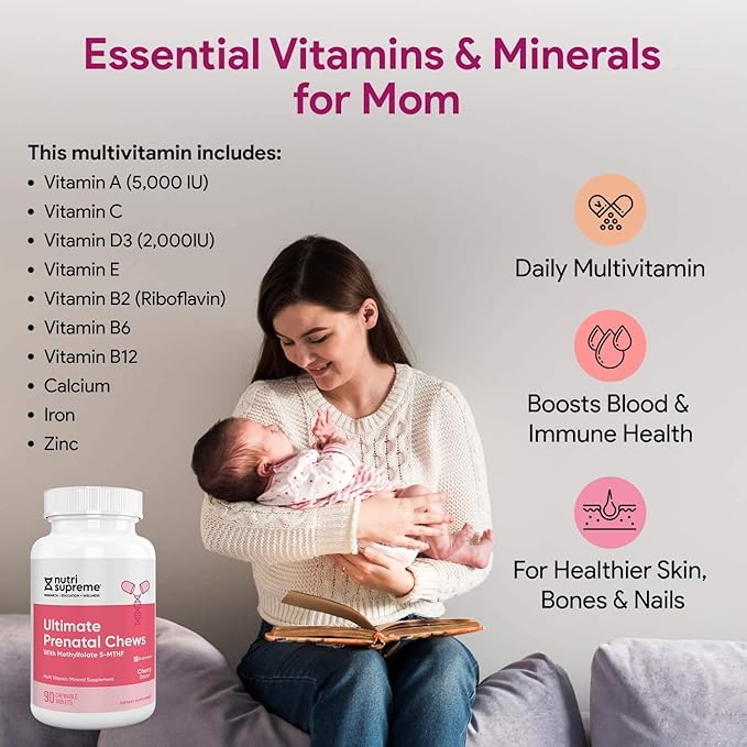 Nutri Supreme Prenatal Vitamin Chewable Prenatal Vitamins for Women with Highly Absorbable Methyl Folate Complete Prenatal Multivitamin with Iron Kosher Cherry Flavor 90 Count