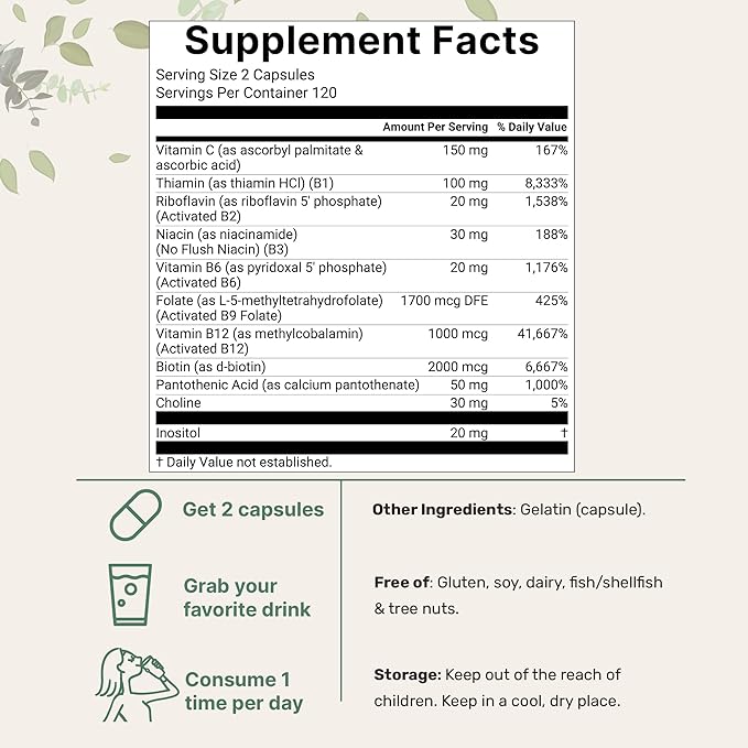 Micro Ingredients 2 Pack Pure Methylated B Complex 480 Capsules | 11-in-1 Formula with B12 Thiamin Folate Inositol Choline &amp Vitamin C | Filler Free | Non-GMO