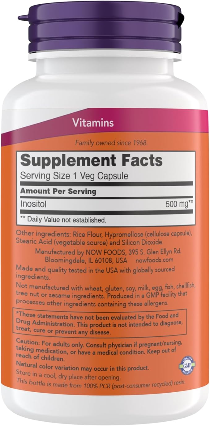 NOW Foods Inositol 500 mg Superior Myo Inositol Form for Healthy Membrane Function* Cellular Health* Support for Women* Kosher Suitable for Vegans - 200 Vegetarian Capsules (Pack of 1)