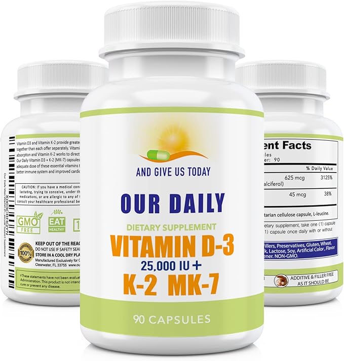 Our Daily Vites Vitamin D-3 25000 IU + K2 - High Potency D3 with Vitamin K Bone Immune Mood + Cardiovascular Support Supplement