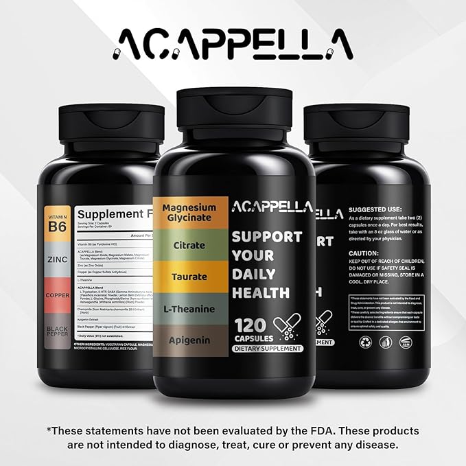 ACAPPELLA Magnesium Glycinate with Magnesium Citrate Capsules l theanine Supplement apigenin Capsules - apigenin Supplement l-theanine - 120 Count