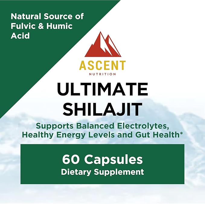 Ascent Nutrition Ultimate Shilajit | Natural Source of Fulvic &amp Humic Acid | Supports Balanced Electrolytes Healthy Energy Levels and Gut Health | 60 Capsules