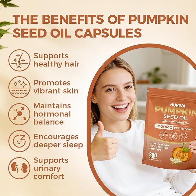 Nuriva Pumpkin Seed Oil with Saw Palmetto Capsules – 2-in-1 Formula Cold-Pressed Virgin Oil 300 Softgels | Essential Fatty Acids | Supports Hair Growth Bladder &amp Prostate Health | Non-GMO(1 PAC