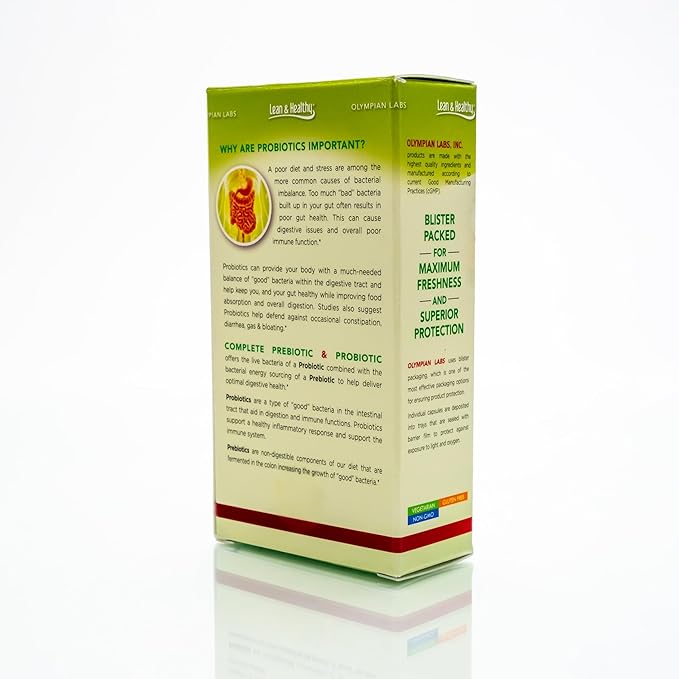 Olympian Labs Complete Prebiotic and Probiotic Supplement - 25 Billion Live Shelf Stable Cultures - 30 Vegetarian Capsules Helps Restore the Natural Balance Within the Digestive Tract.