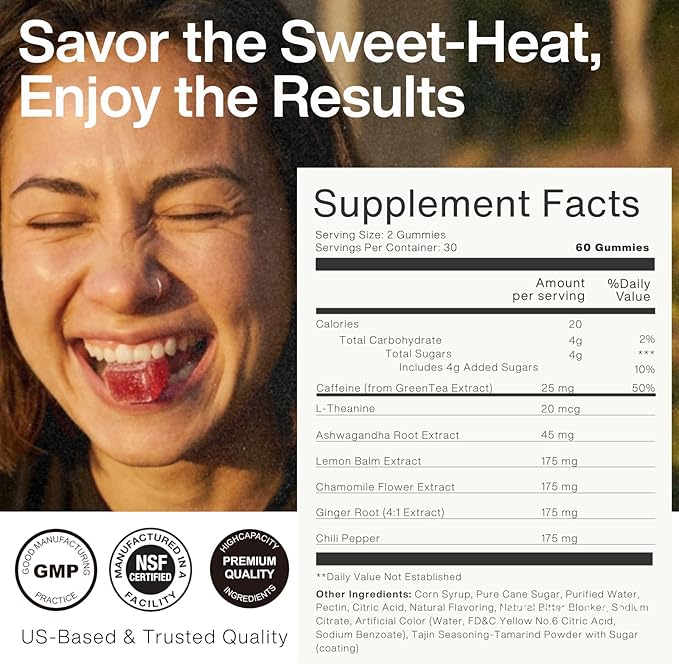 ZAB Spicy Gummies Ashwagandha 45mg with L-Theanine &amp Caffeine – Energy Calm &amp Mood Support Gummies for Couples – Vegan Yellow Peach Flavor Cubes 60 Count