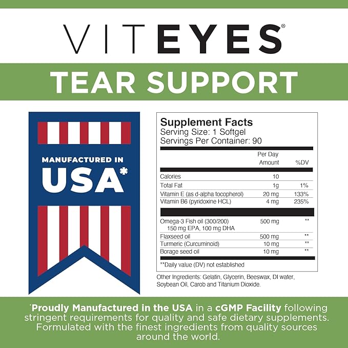 Viteyes Tear Support Eye Soothing Blend Occasional Dry Eye Supplement No Eye Drops Redness Relief Eye Vitamin Allergy Support for Itchy Eyes Omega-3 Fish Oil 90 Softgels