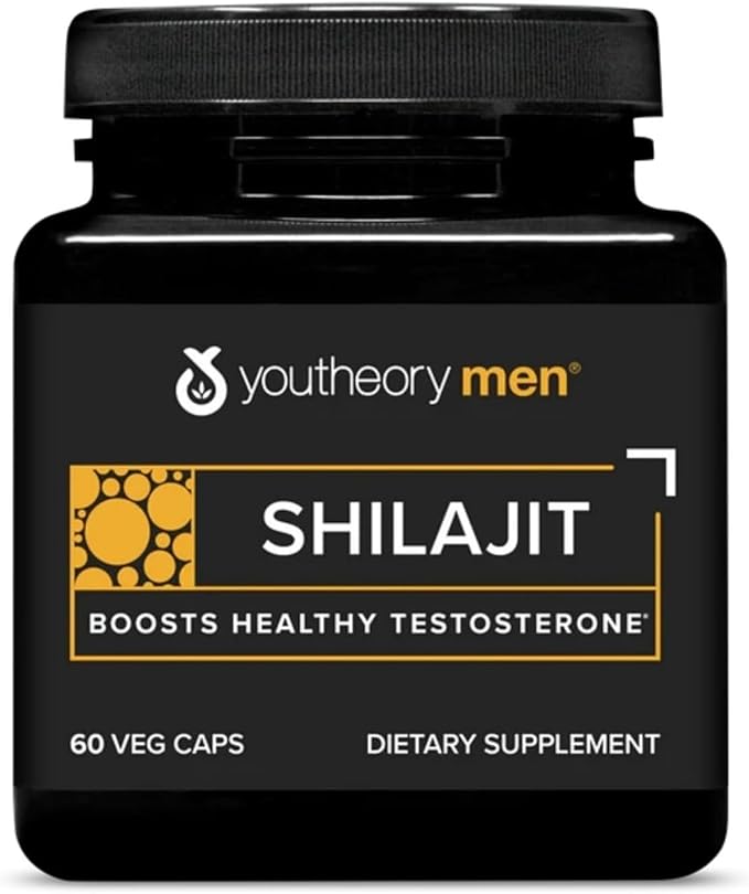Youtheory Men’s Shilajit - Shilajit Capsules with PrimaVie Extract - Supports Stress Relief Muscle Growth &amp Bone Health - Compatible with Vegan Diet - 60 Capsules (60-Day Supply)