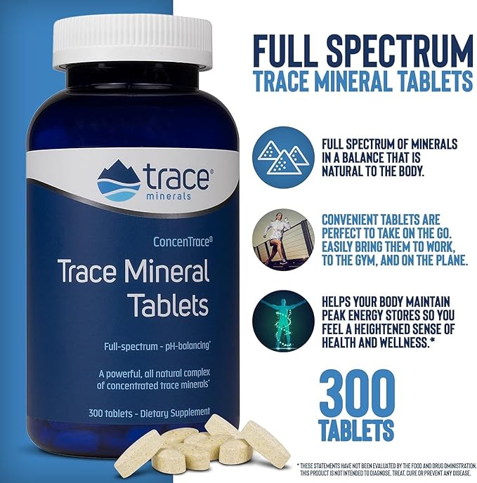 Trace Minerals ConcenTrace Trace Minerals Tablets - Daily Supplement for Overall Wellness - Natural Energy Bone Strength Healthy Connective Tissue &amp Immune System Support - 300 Count (100 Servin