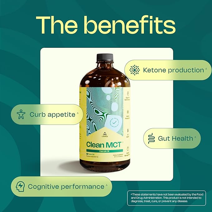 LevelUp Clean MCT Oil - 100% Caprylic C8 for Energy Focus Gut Health Brain Superfuel - Keto Supplement for Ketogenic Coffee and Ketones - Non-GMO (32 oz Glass Bottle)