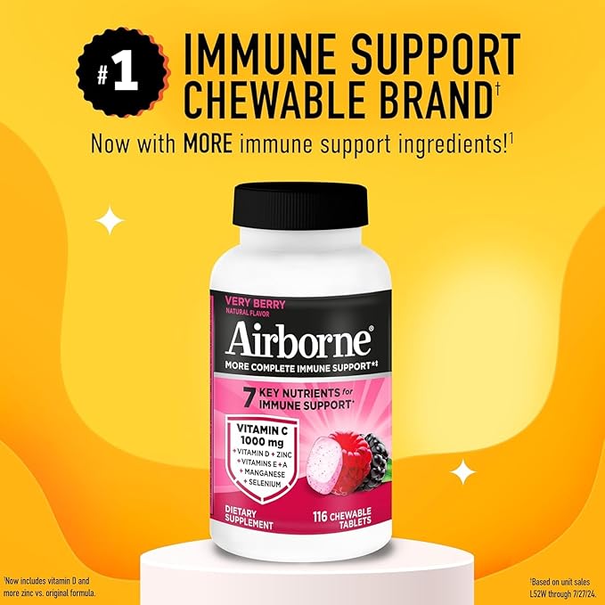 Airborne 1000mg Vitamin C + Zinc Immune Support Supplement Chewable Tablets Powerful Antioxidants Vitamins A C &amp E 116 Chewable Tablets Very Berry Flavor (2 Pack)