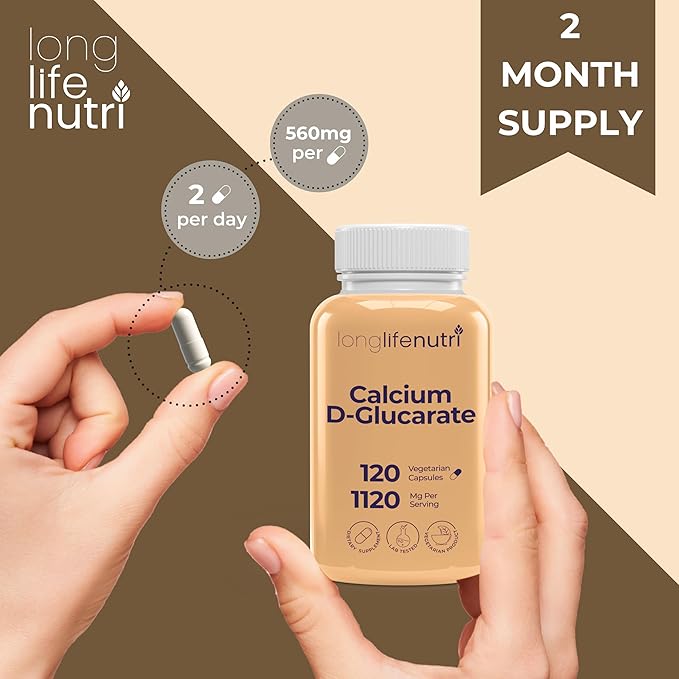Calcium D-Glucarate - 120 Vegetarian Capsules 2-Month Supply 1120mg per Serving for Detox Support &amp Internal Balance Non-GMO Gluten Free Made in USA GMP Certified