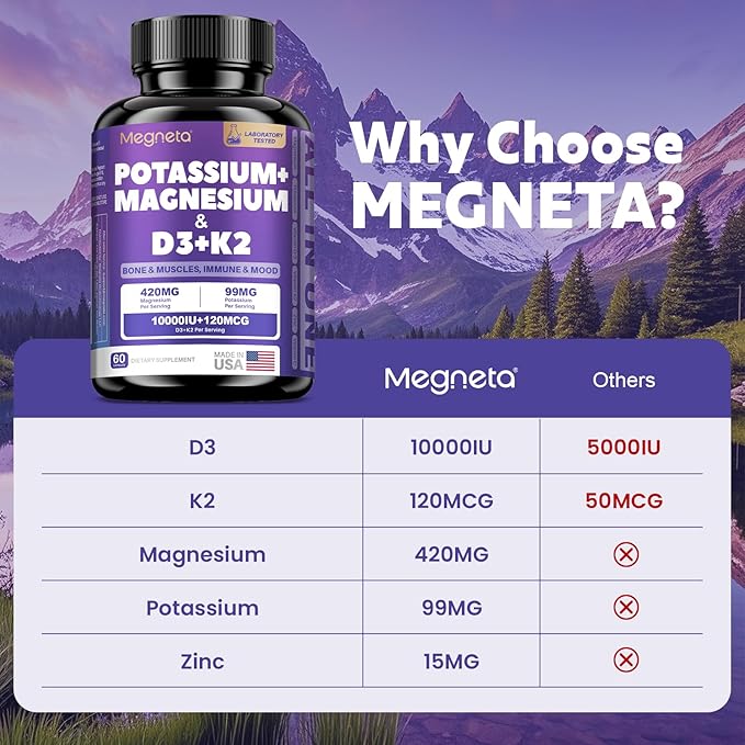 High-Potency Vitamin D3 10000IU K2 (MK-7) Potassium Magnesium Supplement - Advanced Synergistic Complex for Bone Immune Health Mood Balance &amp Energy Support