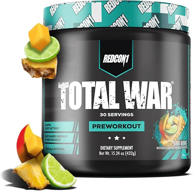 REDCON1 Total War Pre Workout Baja Bomb - Beta Alanine + Citrulline Malate Keto Friendly Preworkout for Men &amp Women with 320mg of Caffeine - Fast Acting (30 Servings)