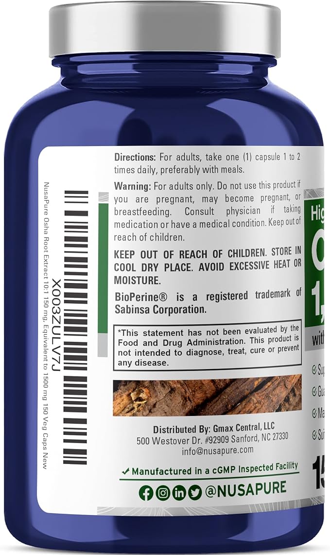 NusaPure OSHA Root Extract 1500 mg per Vegan Caps - 150 Count (10:1 Extract Non-GMO Vegan Bioperine) Ligusticum Porteri (Pack of 2)