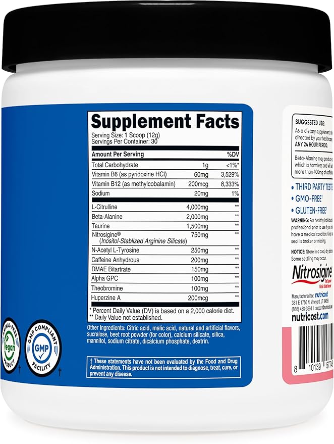 Nutricost Pre-Workout Powder (Watermelon Candy) 30 Servings - GMO-Free Gluten-Free Vegetarian