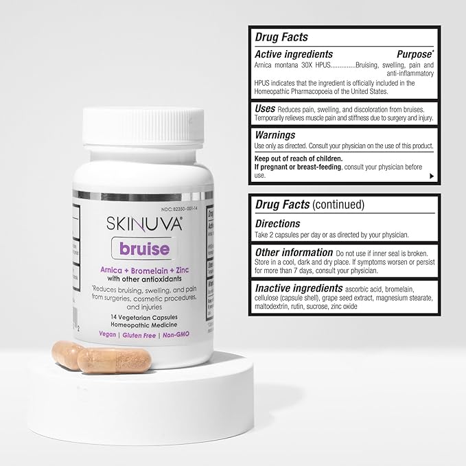 Skinuva® Bruise Recovery Duo: Bruise (14 Capsules) Bromelain Supplement + Advanced Recovery Cream (1 oz) Arnica &amp Vitamin K Topical Cream for Swelling &amp Irritation