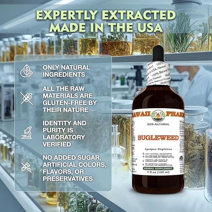 Hawaii Pharm Bugleweed Alcohol-Free Extract Glycerite for Thyroid Balance Eases Premenstrual Discomfort Soothes Breast Tenderness Supports Women's Wellness - 2 fl.oz