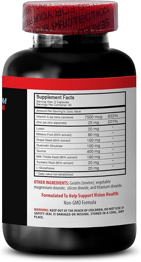 Turmeric Root - Eye Vision Guard - Lutein Grape Bilberry Fruit Quercetin Dihydrate Taurine Milk Thistle L-Glutathione Turmeric Root Grape Bilberry Fruit 2 Bottles 120 Capsules
