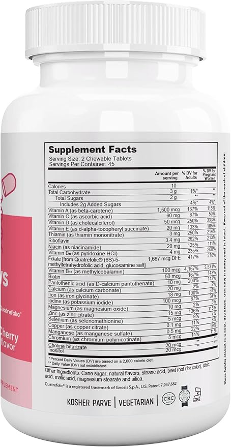 Nutri Supreme Prenatal Vitamin Chewable Prenatal Vitamins for Women with Highly Absorbable Methyl Folate Complete Prenatal Multivitamin with Iron Kosher Cherry Flavor 90 Count
