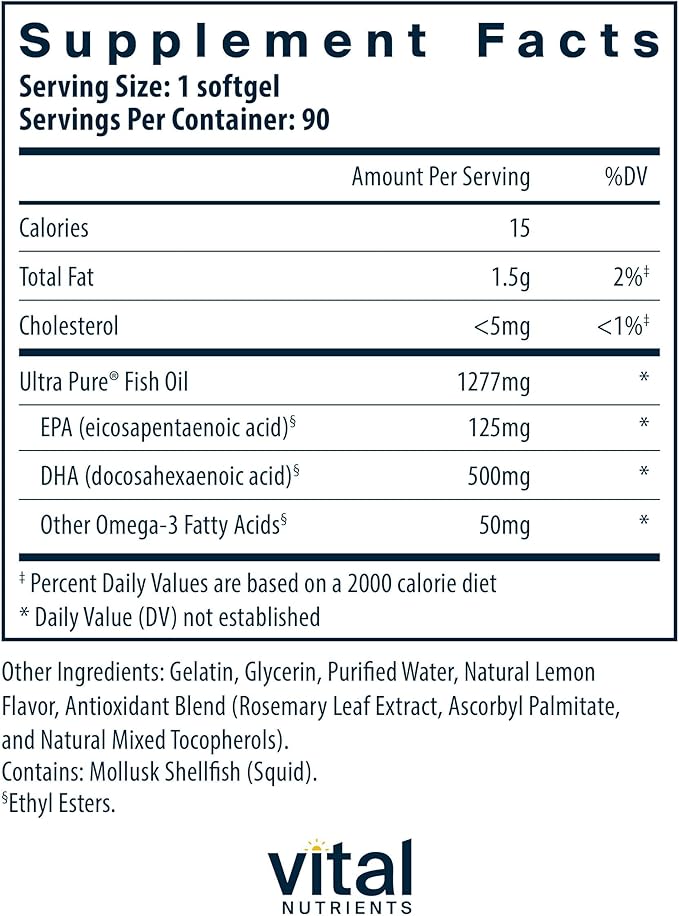 Vital Nutrients Ultra Pure® Fish Oil 675 - Supports Brain Development &amp Function* - Sustainably Sourced High DHA Omega-3 Fatty Acid - Lemon Flavor - Gluten Dairy &amp Soy Free - 90 Softgels