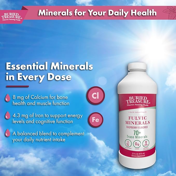 Buried Treasure Fulvic Mineral Complex - 32oz Natural Raspberry Flavor with Over 70 Plant Derived Minerals Non-GMO Electrolyte Replacement Vegetarian Safe Daily Essential and Trace Minerals