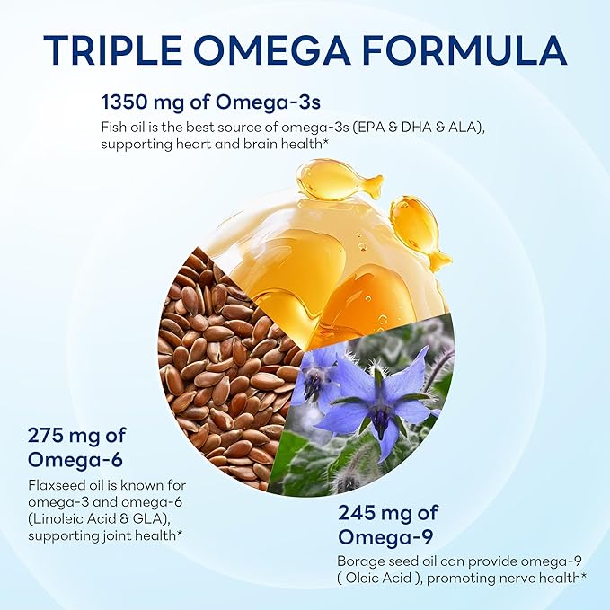 Vitamin World Triple Omega 3-6-9 3600mg with Fish Flaxseed &amp Borage Seed Oils Omega-3 Fatty Acids with EPA &amp DHA Supports Heart Brain &amp Immune Health Gluten Free 240 Softgels