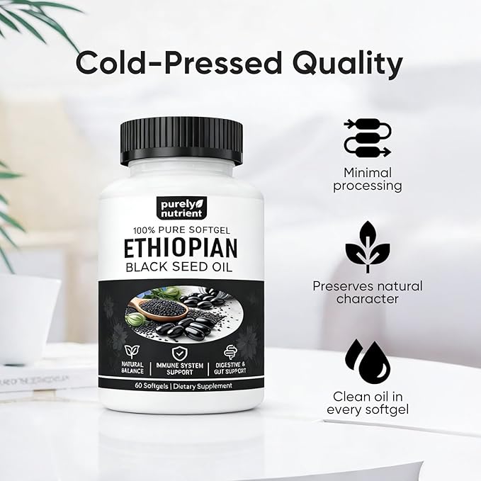Ethiopian Black Seed Oil Capsules 4.64% Thymoquinone – Purely Nutrient Organic Cold Pressed Black Cumin Seed Oil Softgels Non-GMO Gluten-Free 60 Softgels