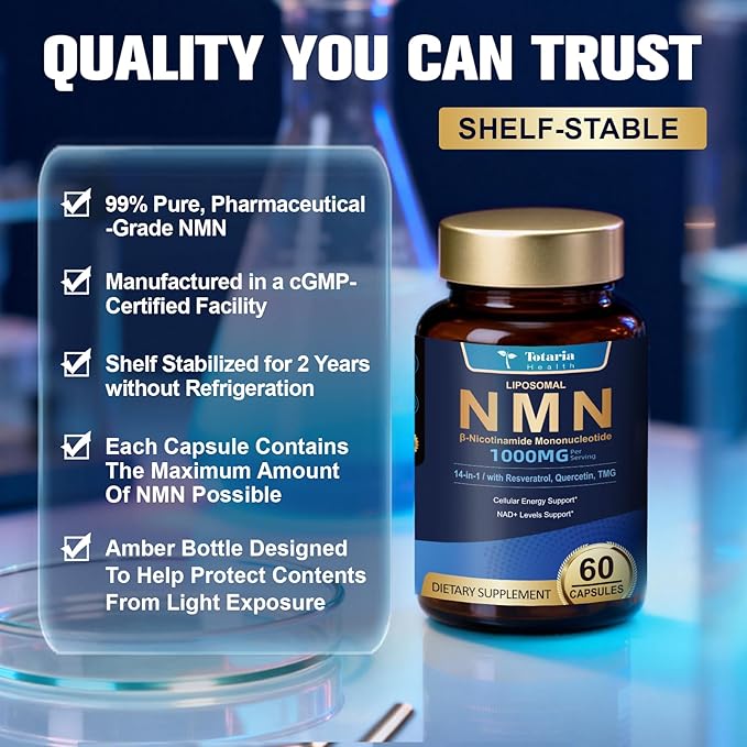 Totaria 2 Packs Liposomal NMN Supplement 1000mg 14-in-1 NMN Resveratrol Complex with CoQ10 TMG Quercetin ALA PQQ Support NAD Levels Cellular Energy &amp Healthy Aging cGMP Filler Free