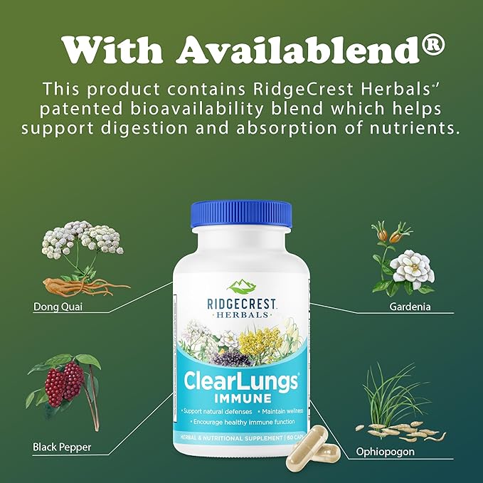 RidgeCrest Herbals ClearLungs Immune Lung Support Supplement with Elderberry Zinc Vitamin C Vitamin A Olive Leaf Mullein Lung Wellness Formula for Respiratory Health (60 Vegan Caps 30 Serv)