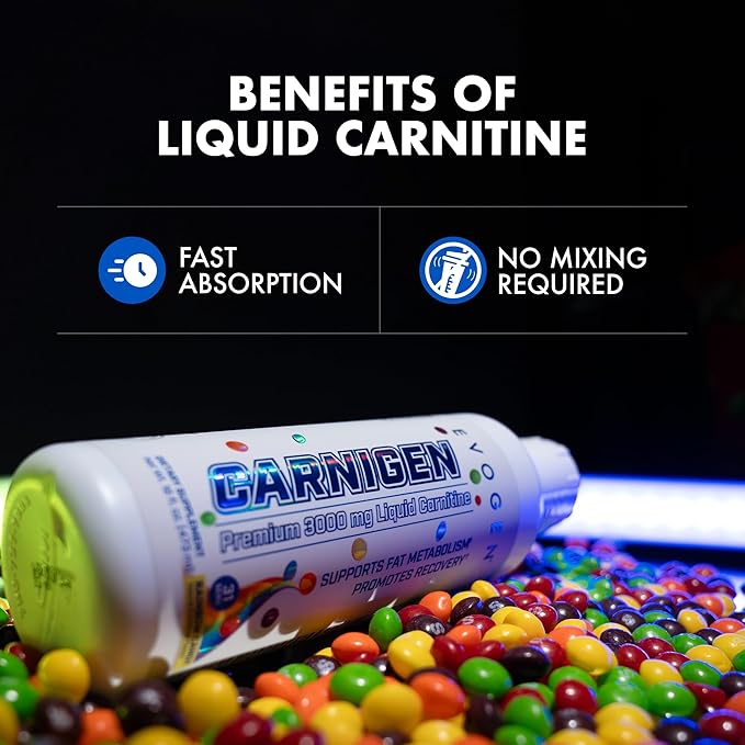 Evogen Carnigen Premium L Carnitine Liquid – L Carnitine 3000 Supplement | L Carnitine Supplement for Fat Metabolism &amp Recovery | Acetyl L-Carnitine | Caffeine Free | Rainbow Candy | 31 Servings