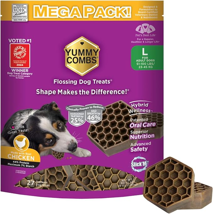 Yummy Combs Dog Dental Treats – Vet VOHC Approved – Delicious Chicken Protein – Removes Tartar with Cleaning Comb Shape – Dental Dog Treats for Large Dogs (36oz 27 Count)