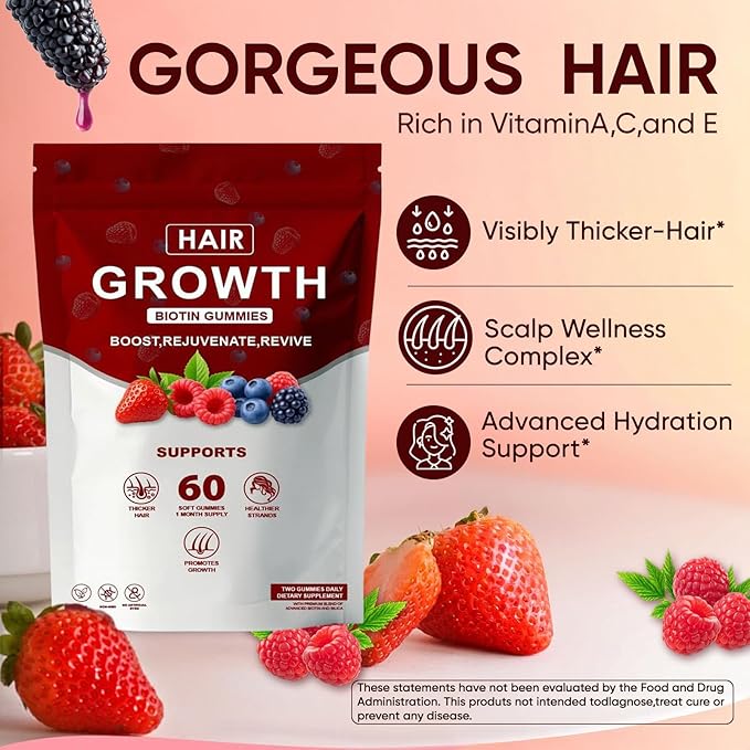 Lumin Hair Growth Gummies – with Biotin Vitamin C &amp E Rosemary Saw Palmetto – Supports Healthy Hair Growth &amp Strength Skin &amp Nail Care – Mixed Berry Flavor 60 Gummies (1)