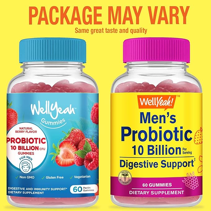 WellYeah Probiotic Men 10B CFUs + Prebiotic Fiber Gummies Bundle - Great Tasting Vitamin Supplement Gluten Free GMO Free Chewable Gummy